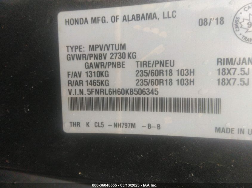 2019 HONDA ODYSSEY EX-L - 5FNRL6H60KB506345