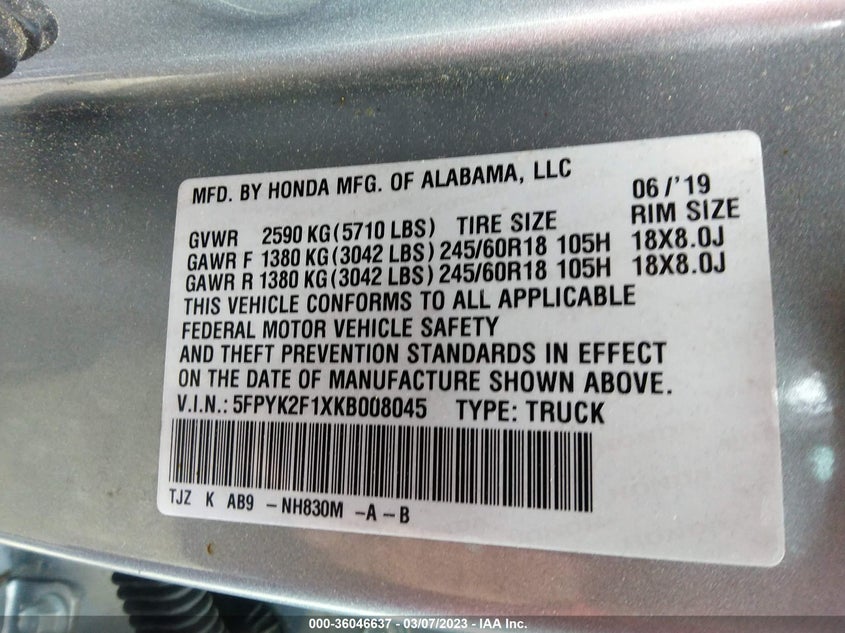 VIN 5FPYK2F1XKB008045 2019 HONDA RIDGELINE SPORT