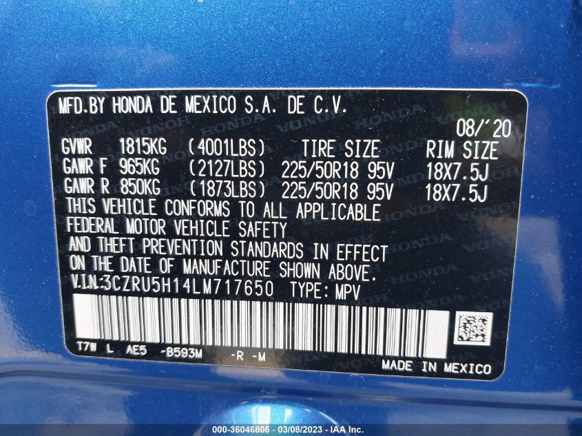 2020 HONDA HR-V SPORT - 3CZRU5H14LM717650