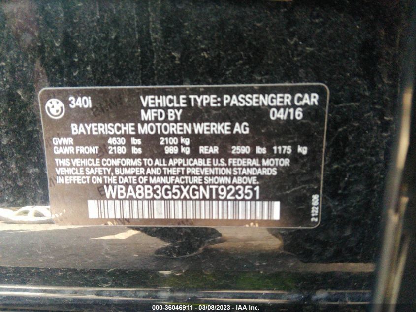 2016 BMW 3 SERIES 340I - WBA8B3G5XGNT92351