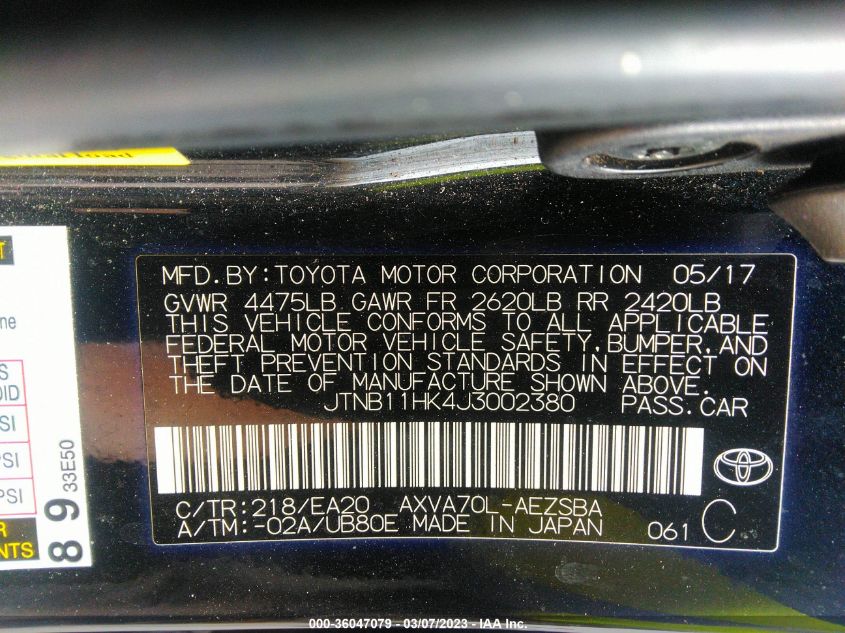 2018 TOYOTA CAMRY LE/SE/XLE/L - JTNB11HK4J3002380