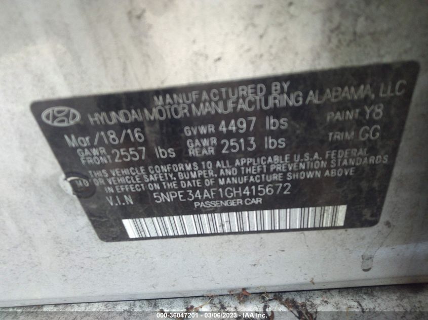 2016 HYUNDAI SONATA 2.4L SPORT - 5NPE34AF1GH415672