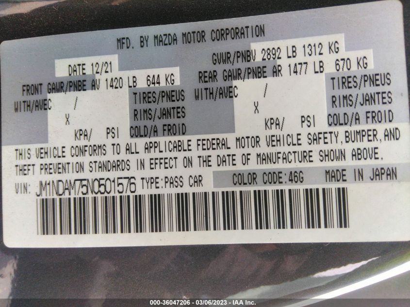 2022 MAZDA MX-5 MIATA RF GRAND TOURING JM1NDAM75N0501576