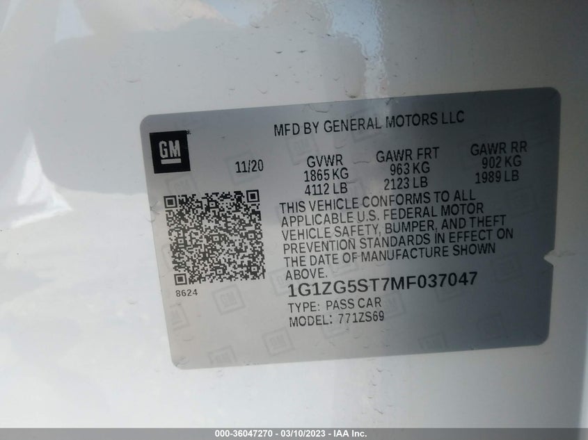VIN 1G1ZG5ST7MF037047 2021 CHEVROLET MALIBU RS