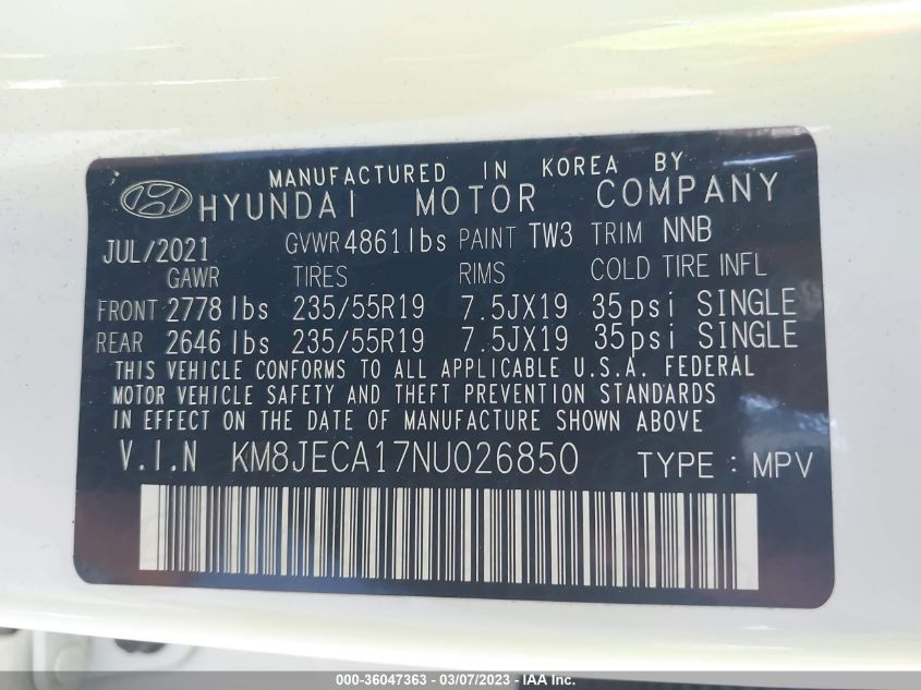 2022 HYUNDAI TUCSON HYBRID LIMITED KM8JECA17NU026850