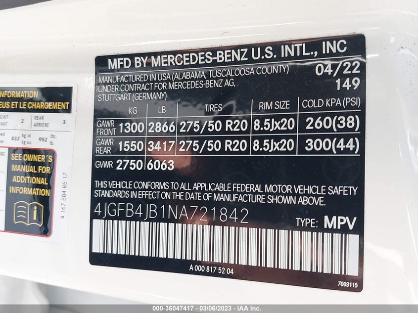VIN 4JGFB4JB1NA721842 2022 MERCEDES-BENZ GLE GLE 350