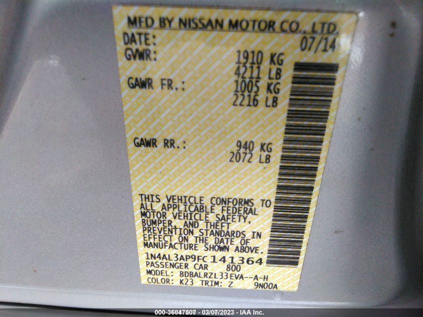 2015 NISSAN ALTIMA 2.5 SL - 1N4AL3AP9FC141364