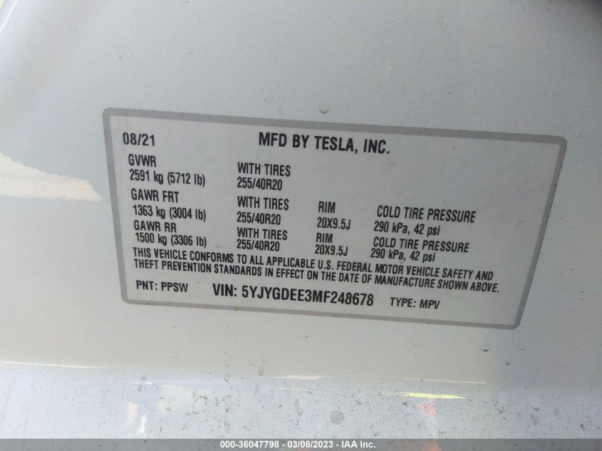 2021 TESLA MODEL Y LONG RANGE - 5YJYGDEE3MF248678