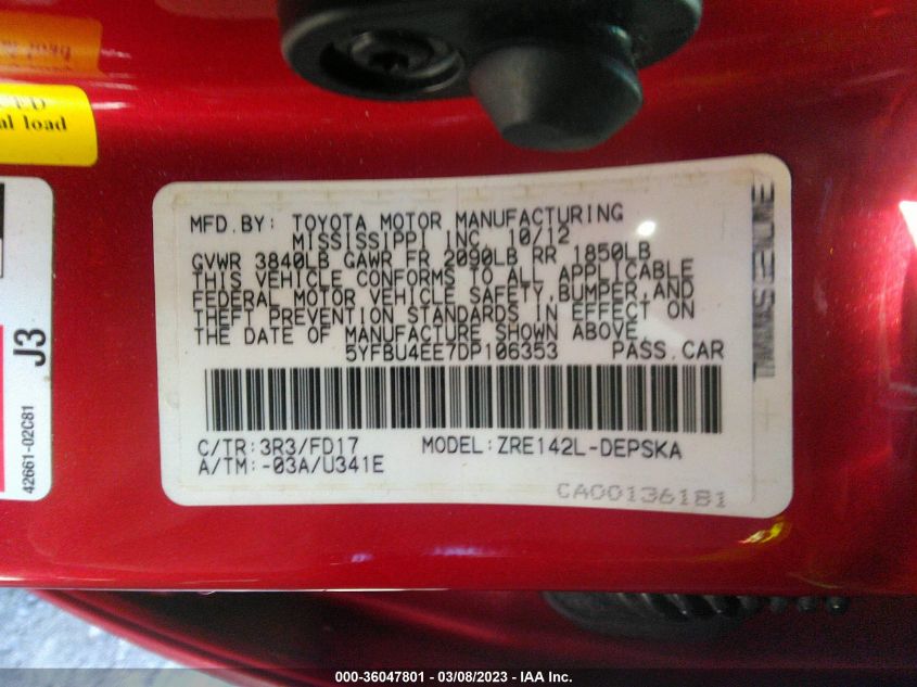 2013 TOYOTA COROLLA L/LE/S - 5YFBU4EE7DP106353