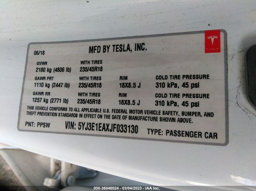 2018 TESLA MODEL 3 RANGE BATTERY - 5YJ3E1EAXJF033130