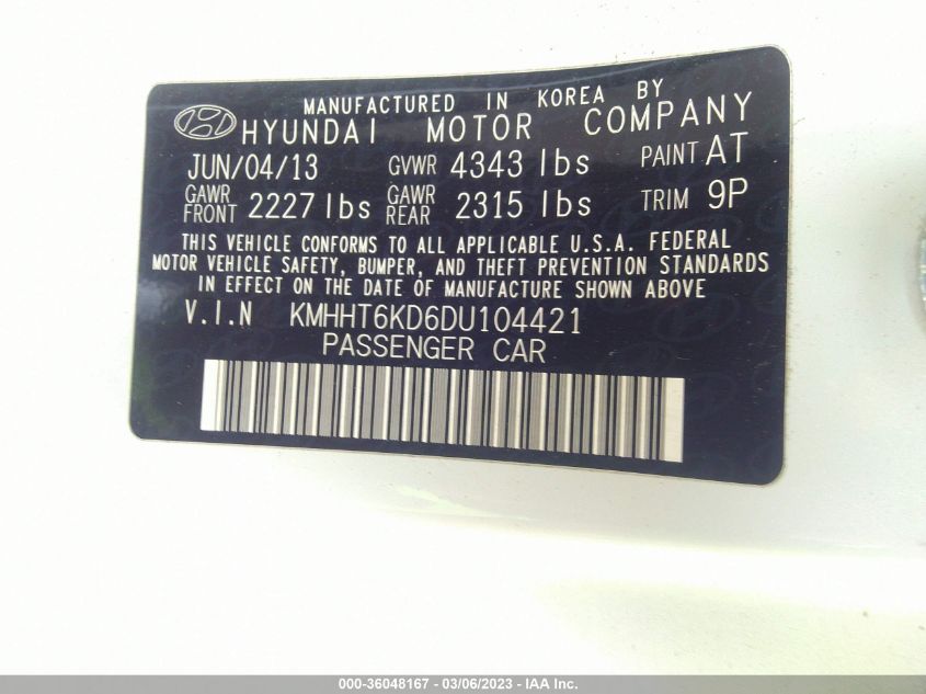 2013 HYUNDAI GENESIS COUPE 2.0T KMHHT6KD6DU104421