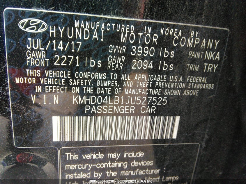VIN KMHD04LB1JU527525 2018 HYUNDAI ELANTRA SPORT