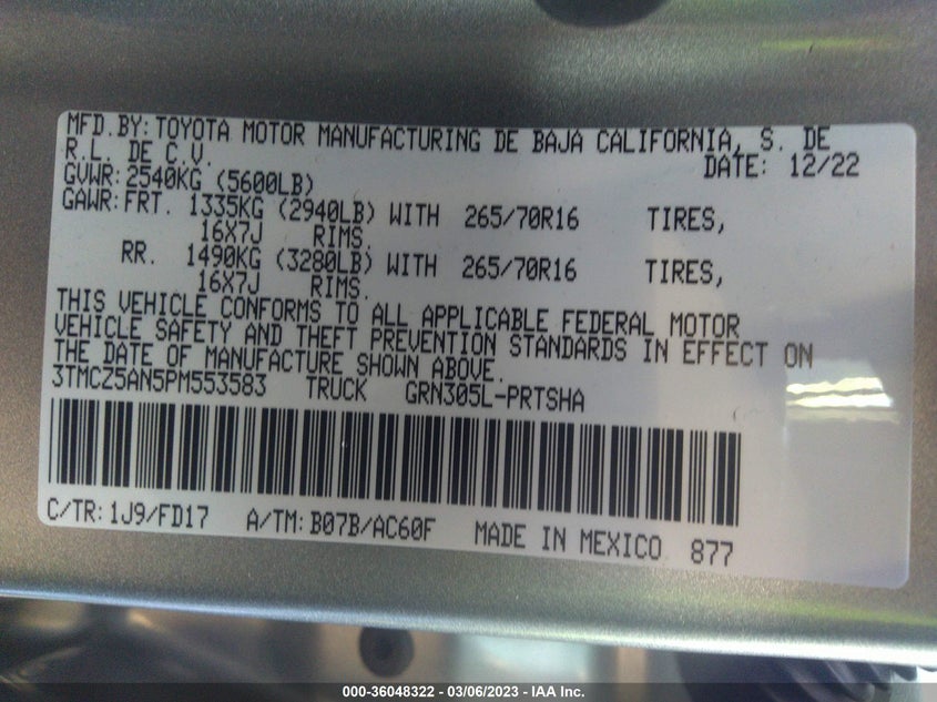 VIN 3TMCZ5AN5PM553583 2023 TOYOTA TACOMA 4WD SR/SR5/TRD SPORT