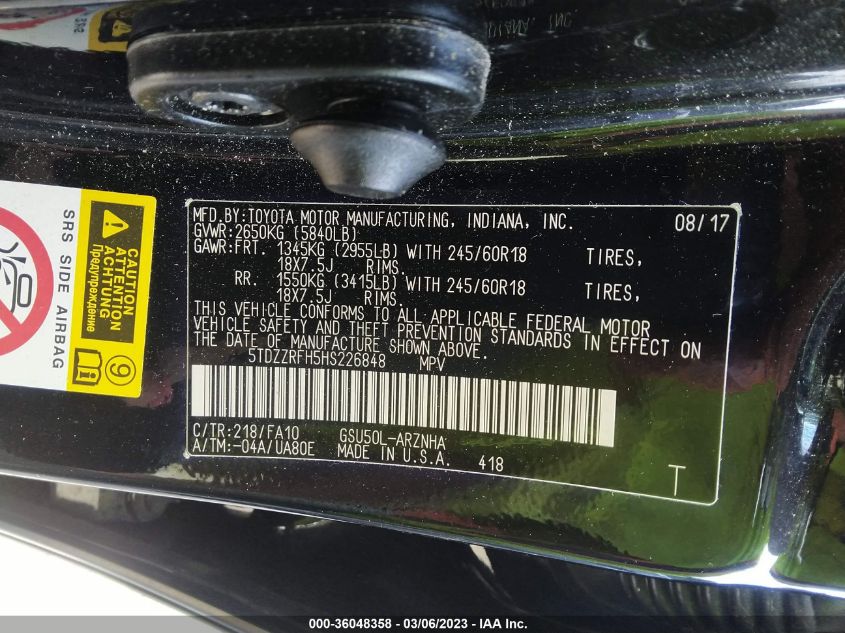 2017 TOYOTA HIGHLANDER LE - 5TDZZRFH5HS226848