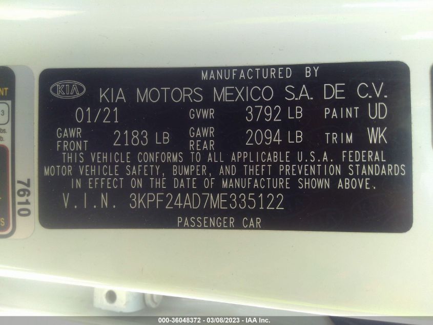 2021 KIA FORTE LXS - 3KPF24AD7ME335122