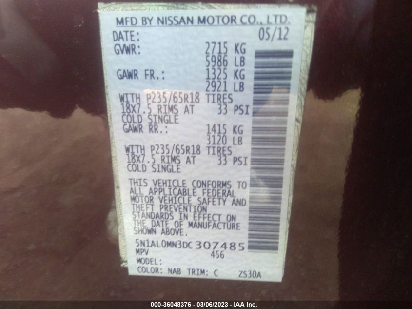 2013 INFINITI JX - 5N1AL0MN3DC307485