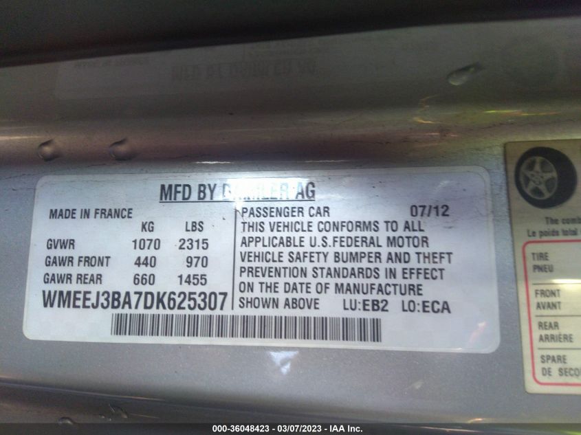 2013 SMART FORTWO PURE/PASSION WMEEJ3BA7DK625307