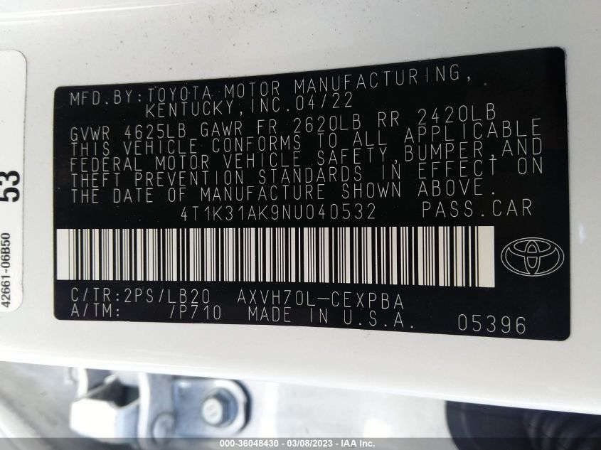 2022 TOYOTA CAMRY HYBRID XSE - 4T1K31AK9NU040532