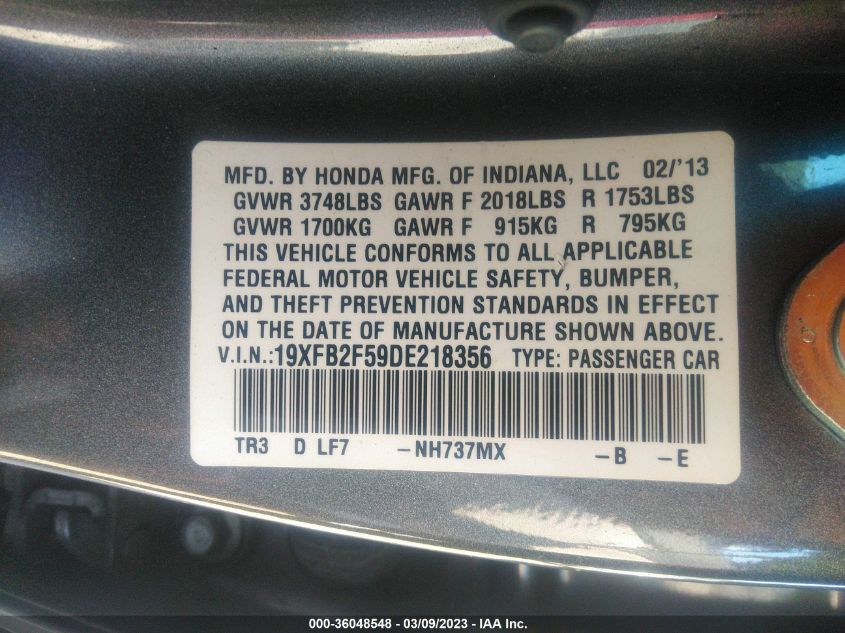 2013 HONDA CIVIC SDN LX - 19XFB2F59DE218356