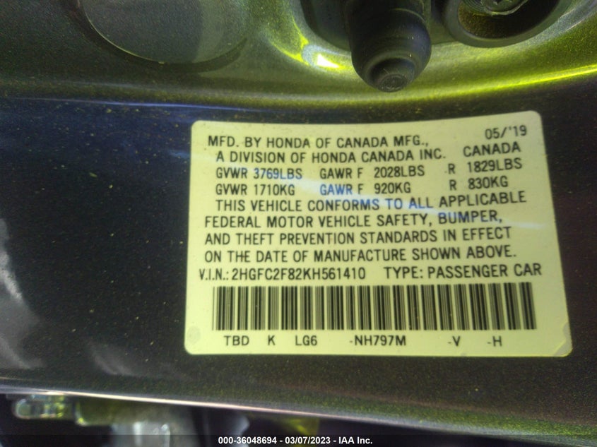 VIN 2HGFC2F82KH561410 2019 HONDA CIVIC SEDAN SPORT