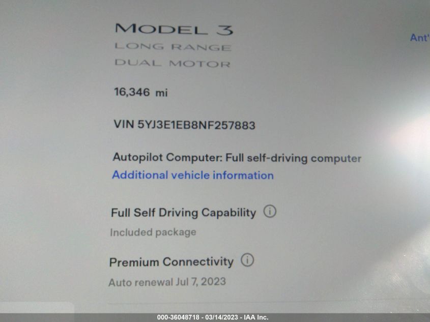 2022 TESLA MODEL 3 LONG RANGE - 5YJ3E1EB8NF257883
