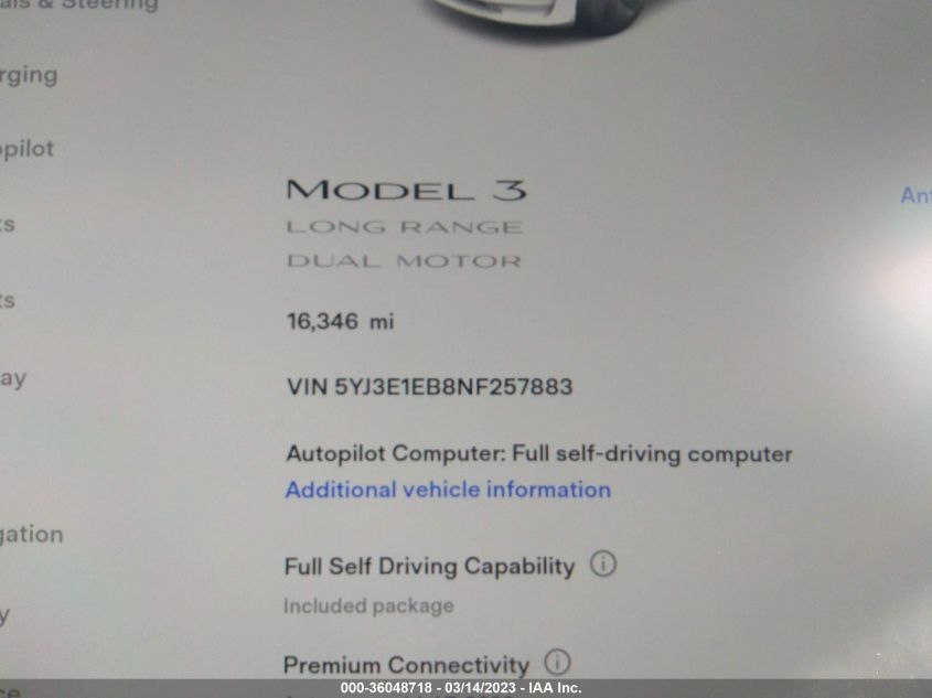 2022 TESLA MODEL 3 LONG RANGE - 5YJ3E1EB8NF257883