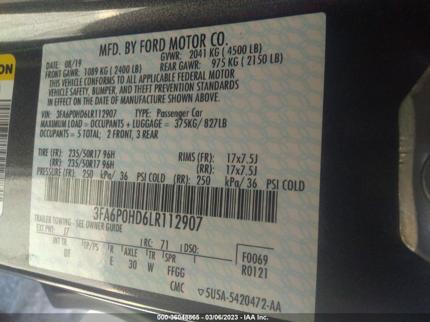 2020 FORD FUSION SE - 3FA6P0HD6LR112907