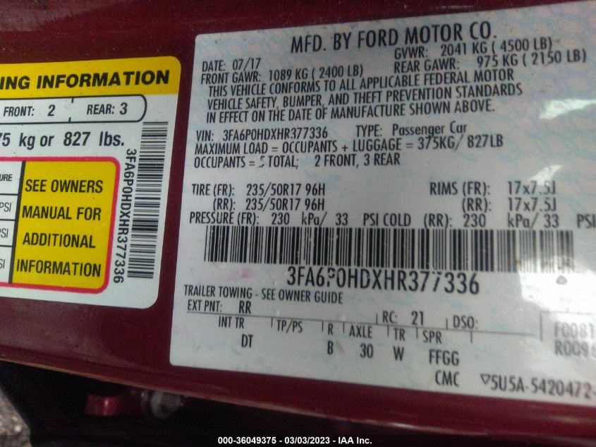 3FA6P0HDXHR377336 2017 FORD FUSION, photo no. 9