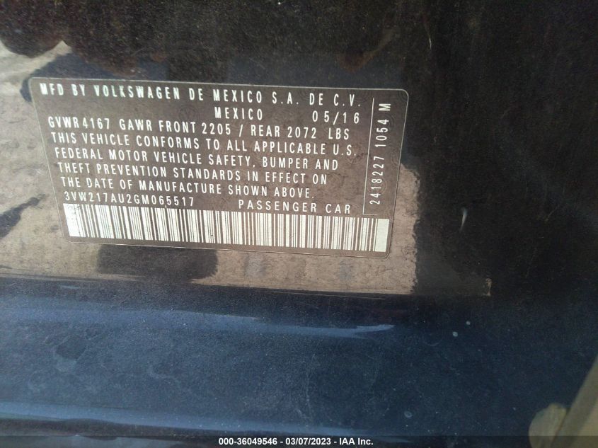 2016 VOLKSWAGEN GOLF TSI S - 3VW217AU2GM065517