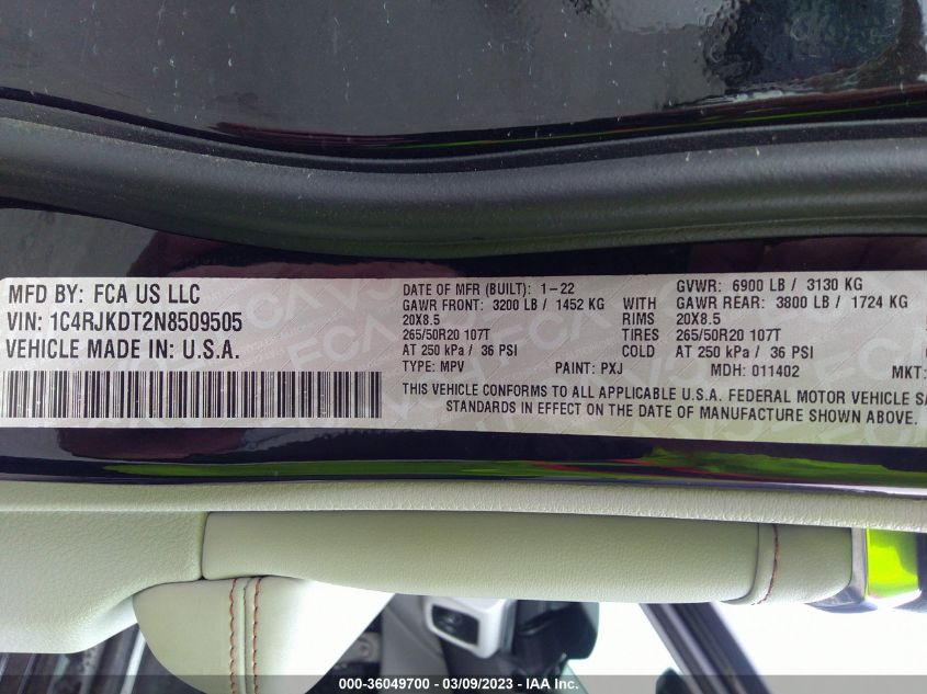 2022 JEEP GRAND CHEROKEE L OVERLAND 1C4RJKDT2N8509505