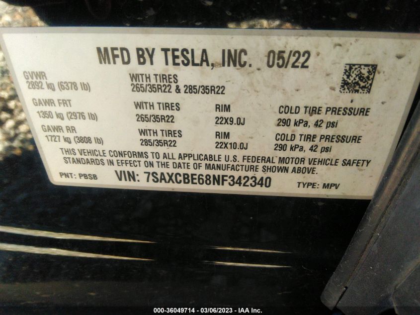 2022 TESLA MODEL X PLAID - 7SAXCBE68NF342340