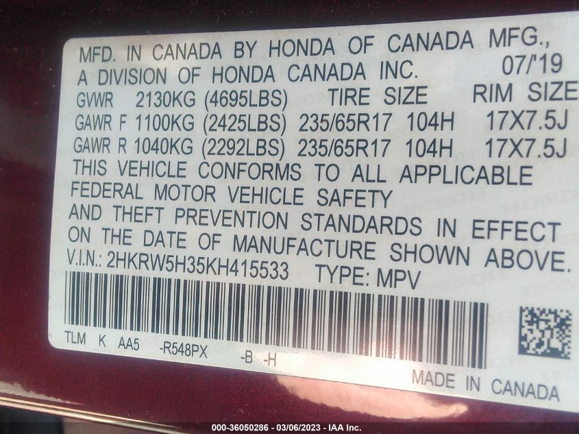 2019 HONDA CR-V LX - 2HKRW5H35KH415533