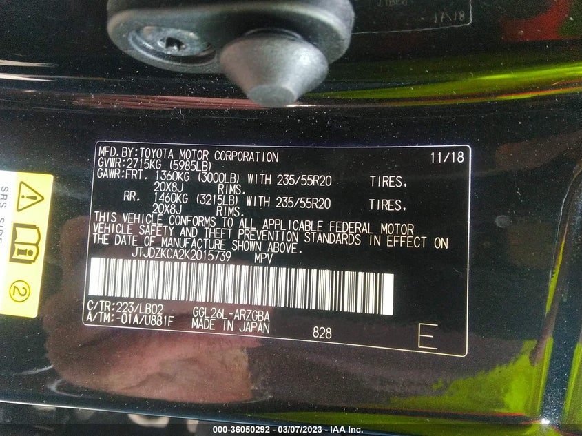 VIN JTJDZKCA2K2015739 2019 LEXUS RX RX 350L