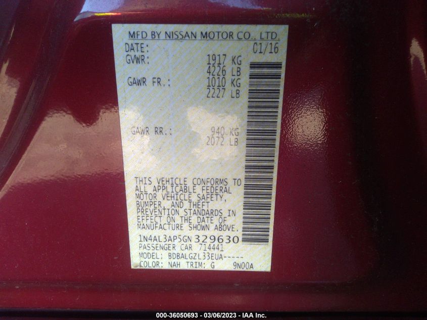 2016 NISSAN ALTIMA 2.5 - 1N4AL3AP5GN329630