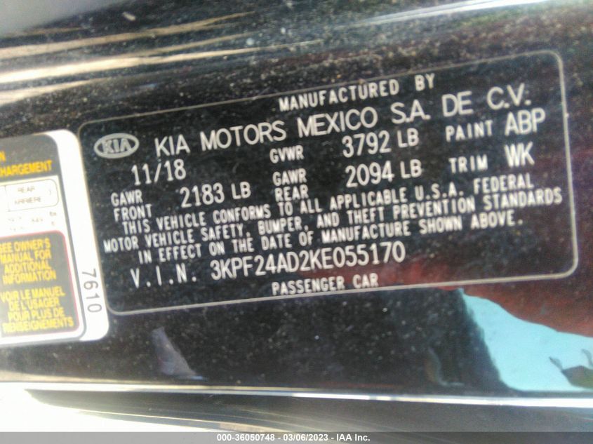 2019 KIA FORTE LXS - 3KPF24AD2KE055170