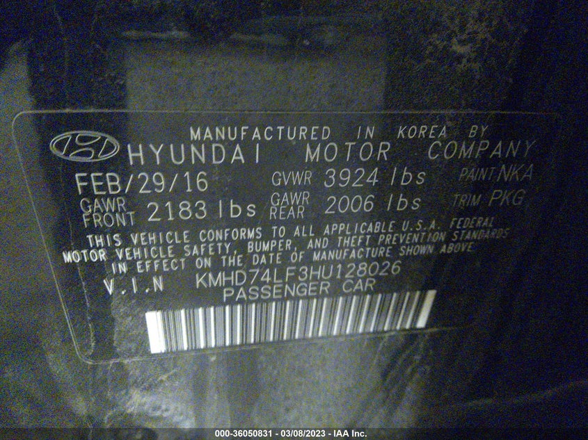 VIN KMHD74LF3HU128026 2017 HYUNDAI ELANTRA SE