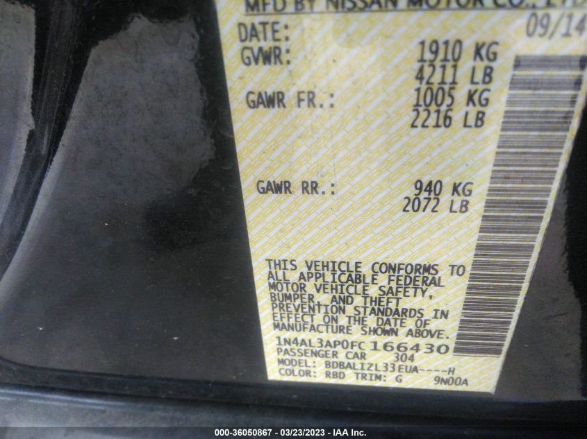2015 NISSAN ALTIMA 2.5 SV - 1N4AL3AP0FC166430