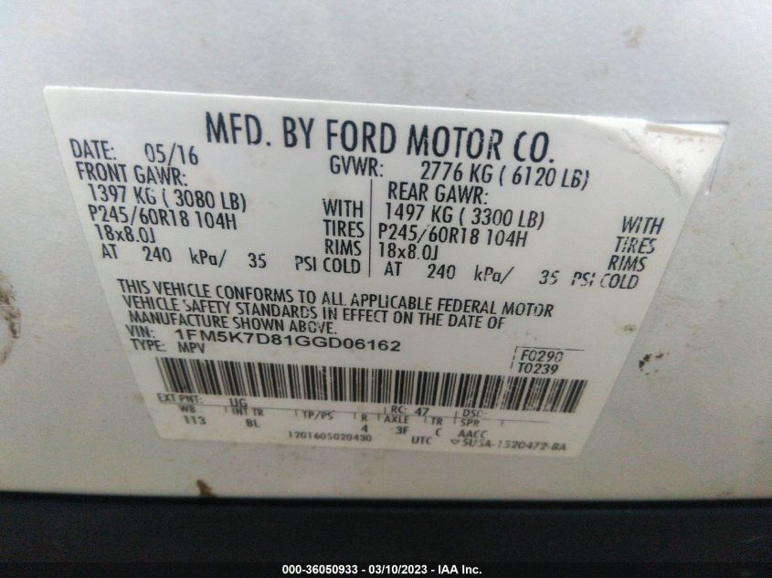 2016 FORD EXPLORER XLT - 1FM5K7D81GGD06162