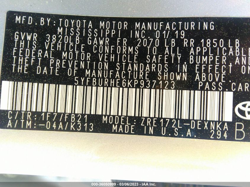 2019 TOYOTA COROLLA L/LE/SE/XLE/XSE - 5YFBURHE6KP937123