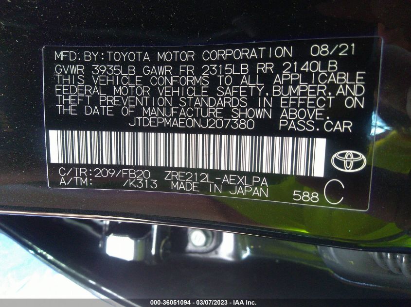 2022 TOYOTA COROLLA LE - JTDEPMAE0NJ207380