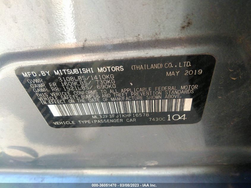 2019 MITSUBISHI MIRAGE G4 ES/RF - ML32F3FJ1KHF16578