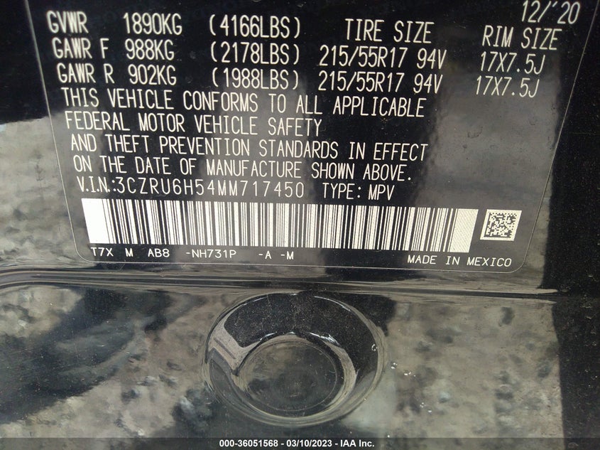 VIN 3CZRU6H54MM717450 2021 HONDA HR-V EX