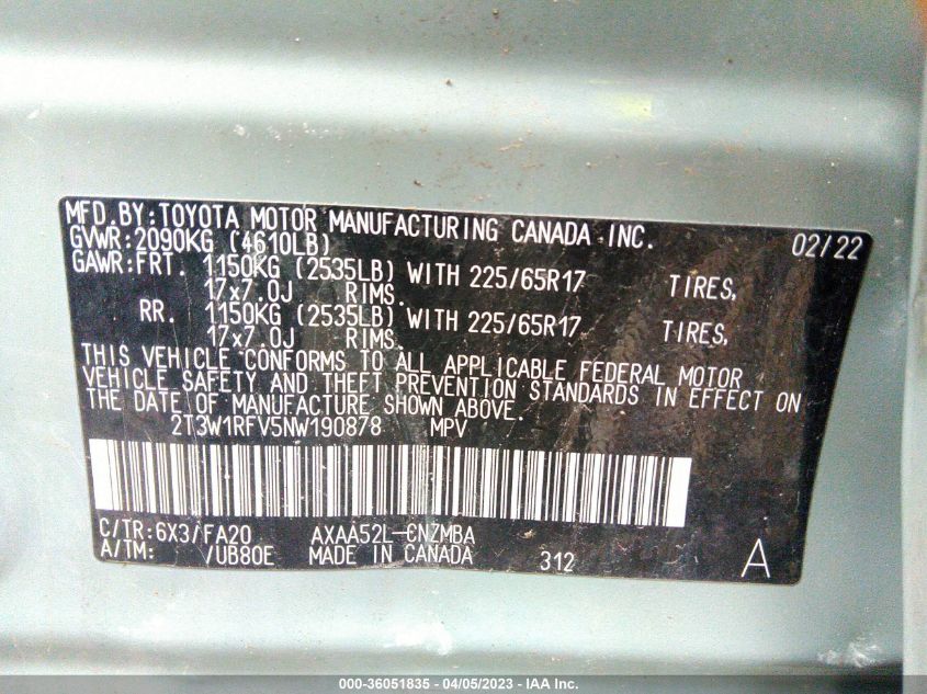 2022 TOYOTA RAV4 XLE - 2T3W1RFV5NW190878