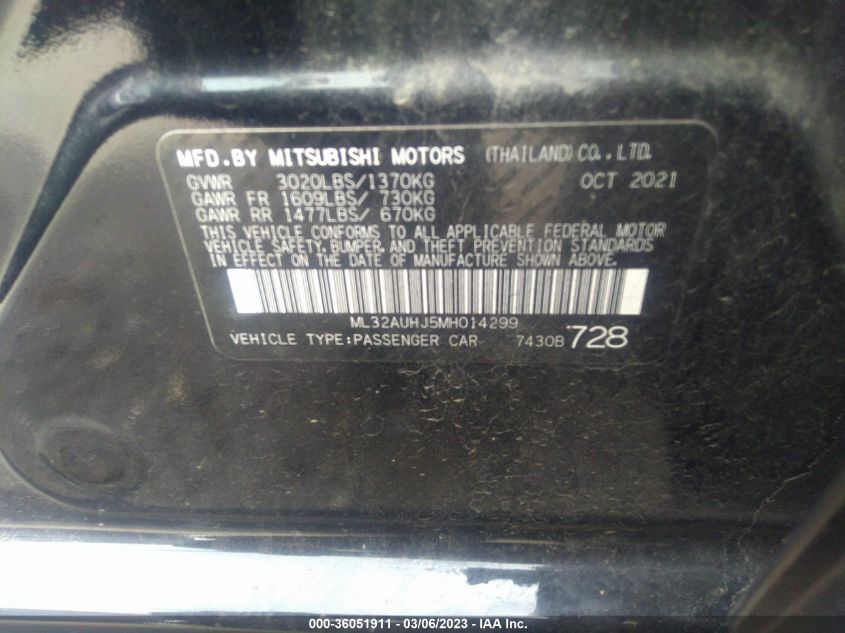 2021 MITSUBISHI MIRAGE ES/LE/CARBONITE EDITION - ML32AUHJ5MH014299
