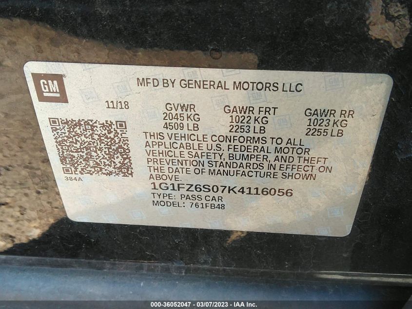 2019 CHEVROLET BOLT EV PREMIER - 1G1FZ6S07K4116056