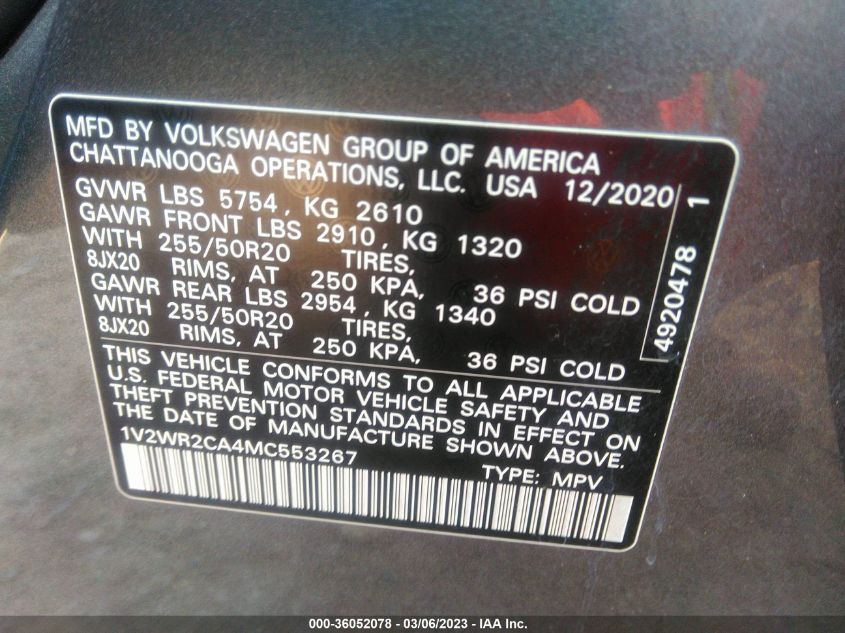 2021 VOLKSWAGEN ATLAS 3.6L V6 SE W/TECHNOLOGY - 1V2WR2CA4MC553267
