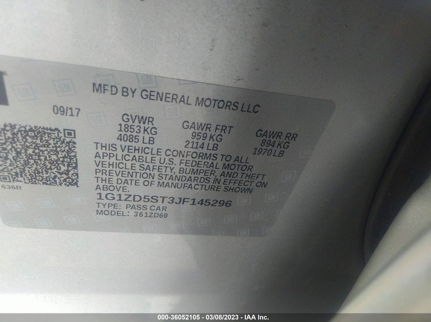 VIN 1G1ZD5ST3JF145296 2018 CHEVROLET MALIBU LT