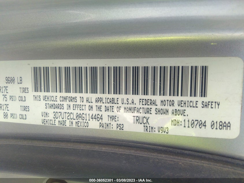 2010 DODGE RAM 2500 VIN: 3D7UT2CL0AG114464