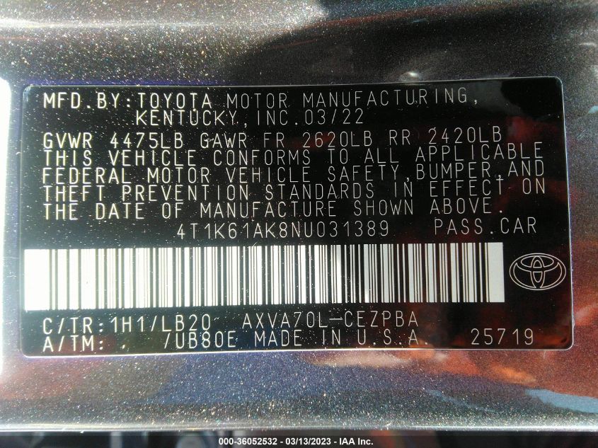 2022 TOYOTA CAMRY XSE - 4T1K61AK8NU031389