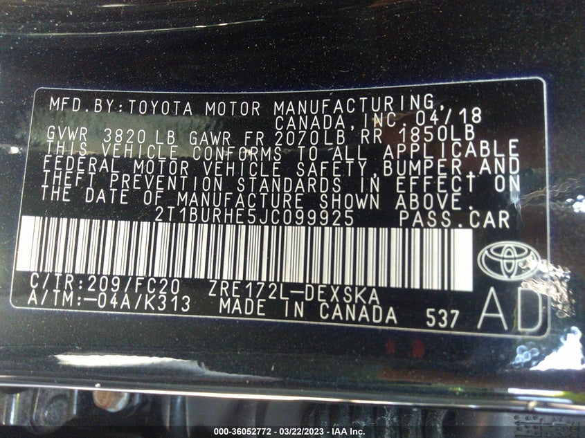 VIN 2T1BURHE5JC099925 2018 TOYOTA COROLLA L/LE/XLE/SE/XSE